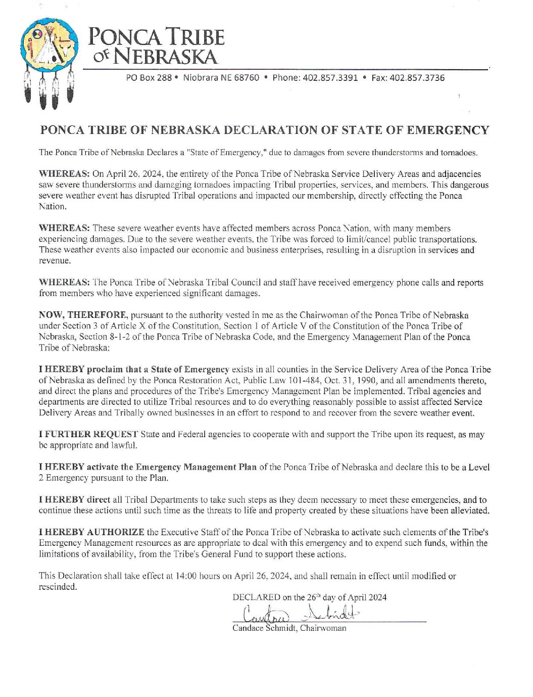 Ponca Tribe of Nebraska Declares State of Emergency