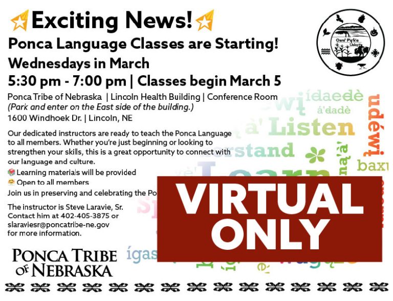 Ponca Language Class in Lincoln Will ONLY be Held Virtually Wednesday, March 19th