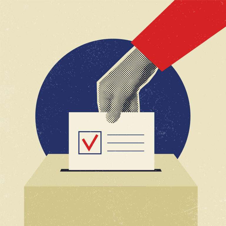 Illustration of a voter placing a marked ballot into a ballot box